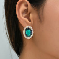 Green Crystal & Cubic Zirconia Oval Halo Stud Earrings