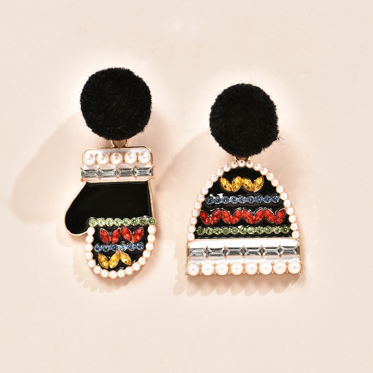 Black Cubic Zirconia and Pearl Hat and Mitten Drop Earrings, drop earrings for women, detail close-up