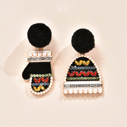 Black Cubic Zirconia and Pearl Hat and Mitten Drop Earrings, drop earrings for women, detail close-up
