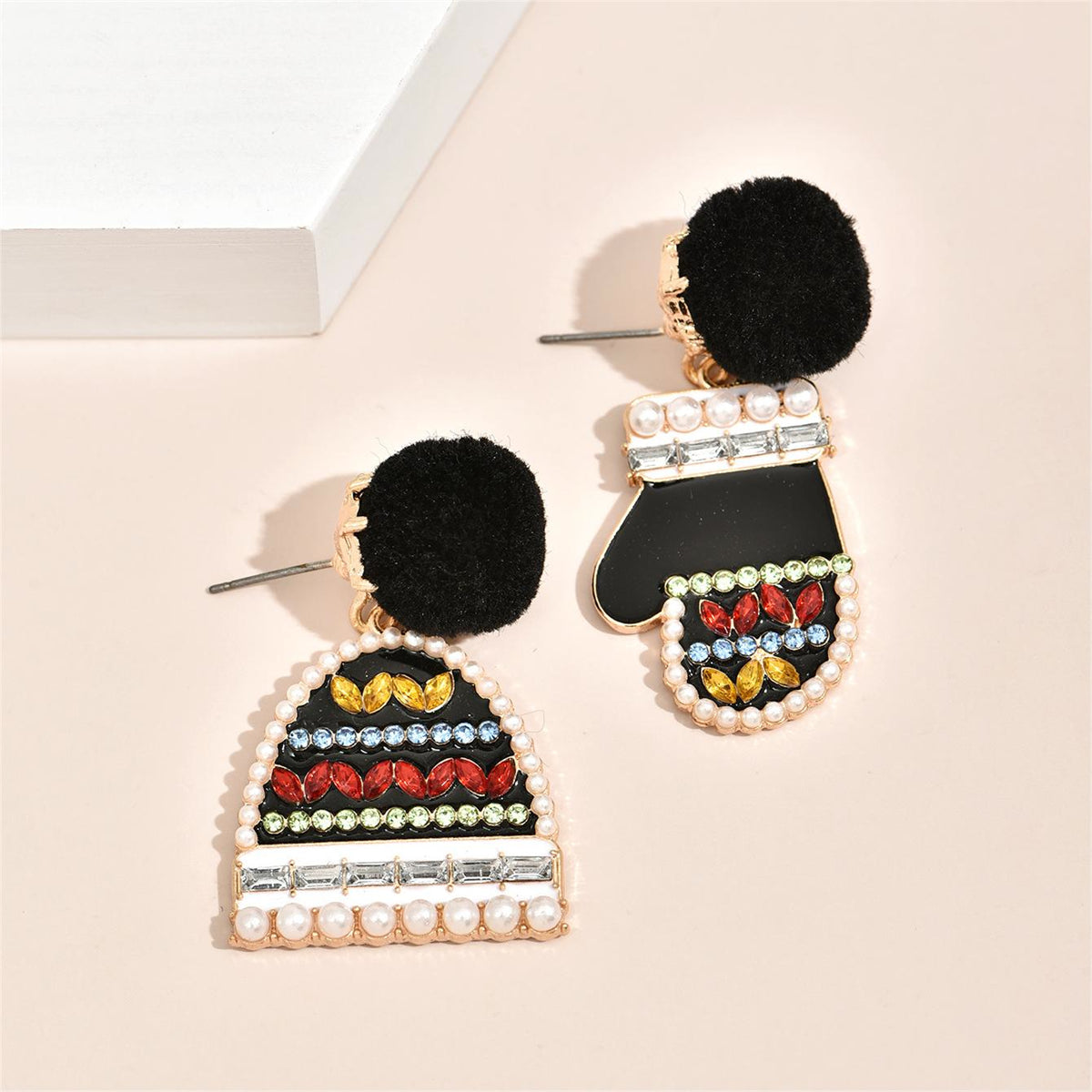 Black Cubic Zirconia and Pearl Hat and Mitten Drop Earrings, drop earrings for women, vintage-inspired design, lifestyle look