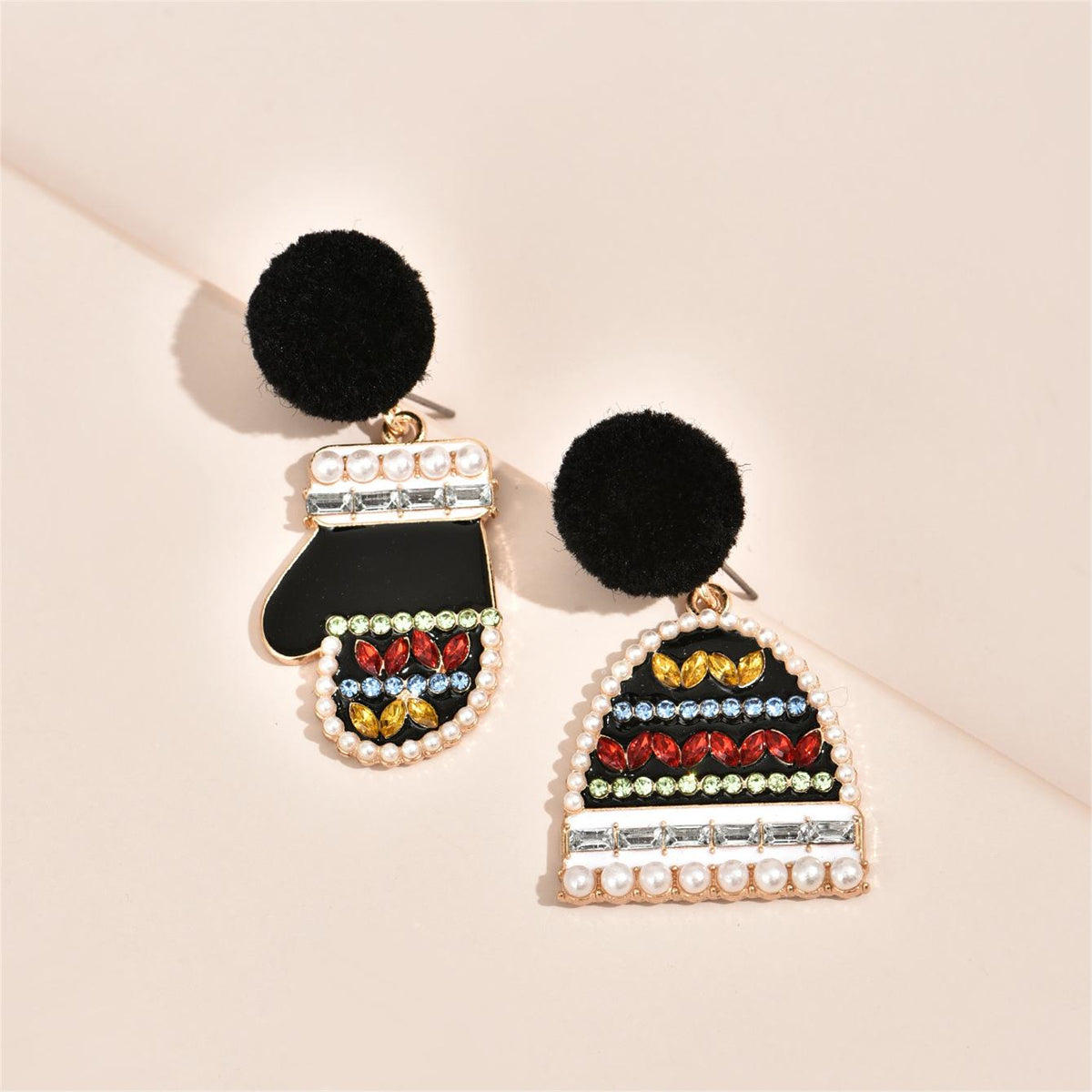 Black Cubic Zirconia & Pearl Hat & Mitten Drop Earrings