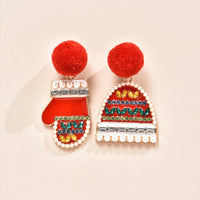 Red Cubic Zirconia & Pearl Hat & Mitten Drop Earrings