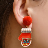 Red Cubic Zirconia & Pearl Hat & Mitten Drop Earrings