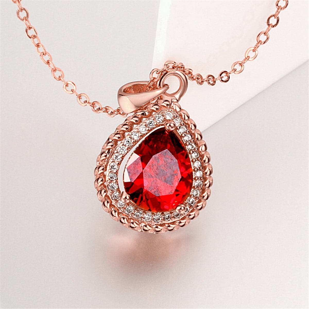 Red Cubic Zirconia & 18k Rose Gold-Plated Teardrop Pendant Necklace - streetregion