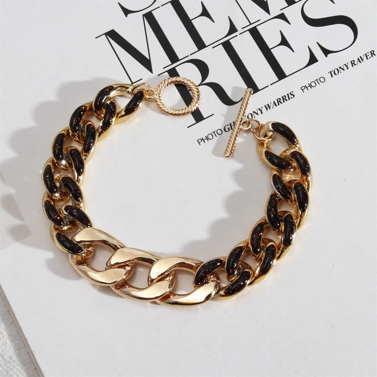 Amber-Tone and 18K Gold-Plated Curb Chain Toggle Bracelet, gold bracelet for women, vintage-inspired design, front view