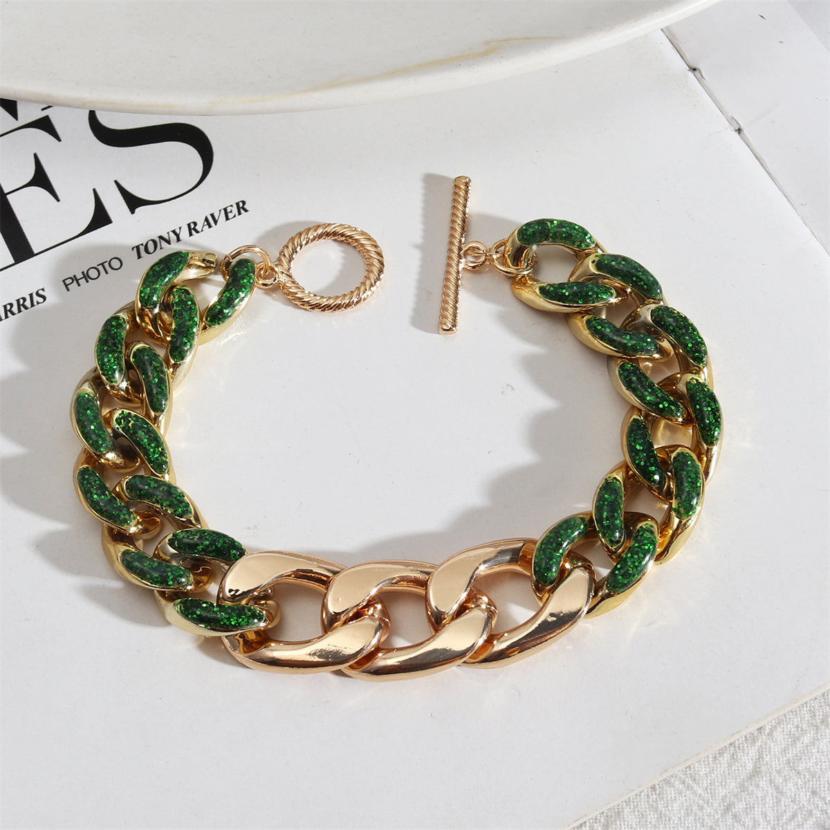 Green Enamel and 18K Gold-Plated Curb Chain Toggle Bracelet, gold bracelet for women, vintage-inspired design, front view