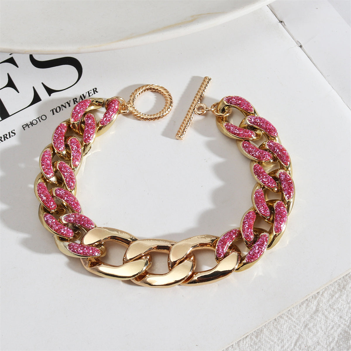 Pink Enamel and 18K Gold-Plated Curb Chain Bracelet, gold bracelet for women, botanical inspired, front view