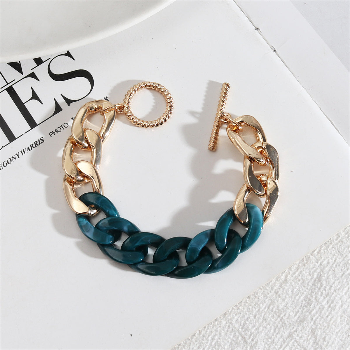 Cyan Resin and 18K Gold-Plated Curb Chain Toggle Bracelet, gold bracelet for women, botanical inspired, front view