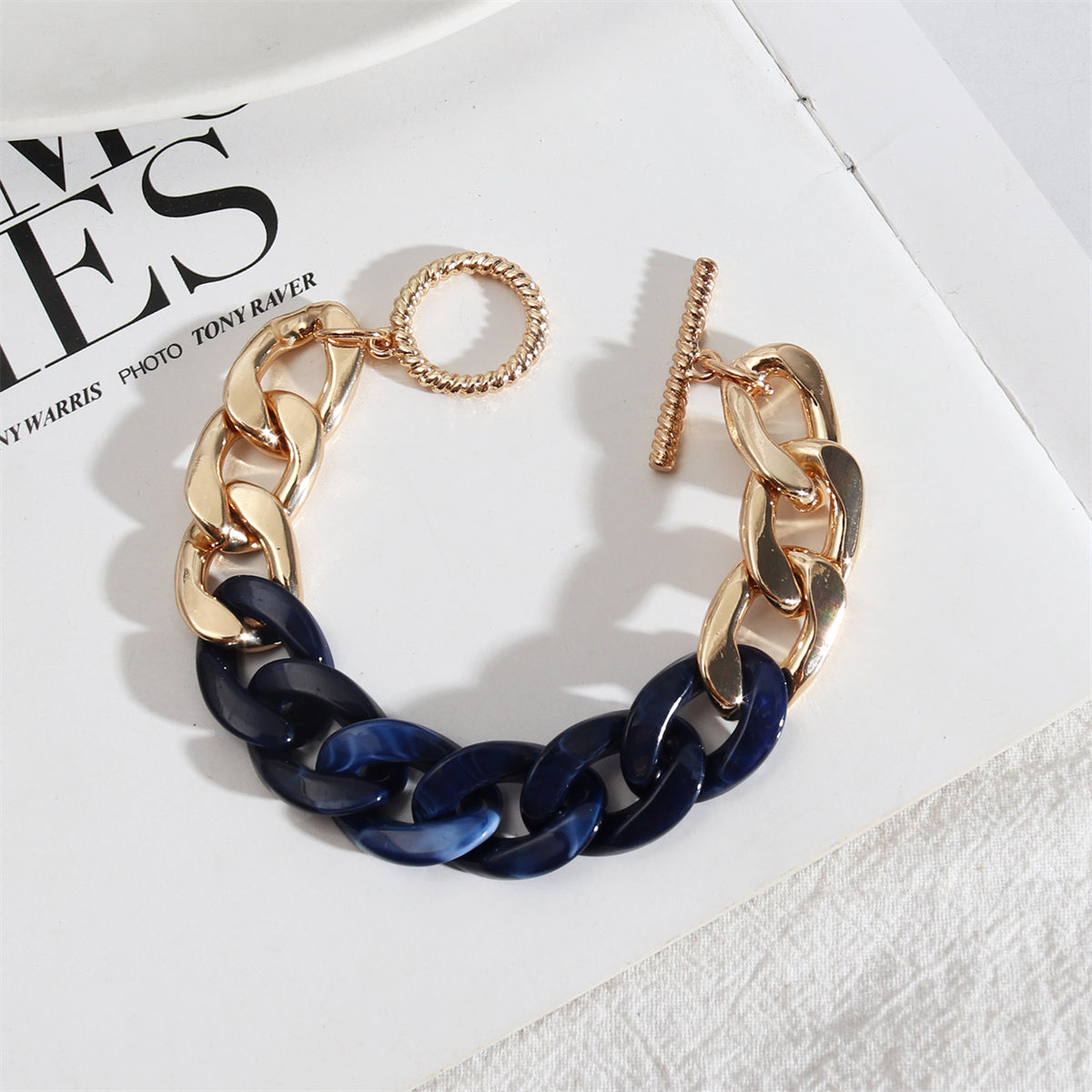 Dark Blue Resin and 18K Gold-Plated Curb Chain Toggle Bracelet, gold bracelet for women, vintage-inspired design, front view
