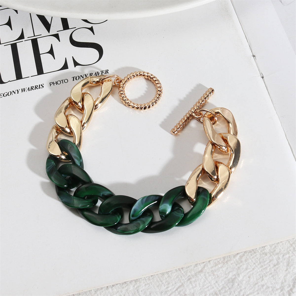 Green Resin and 18K Gold-Plated Curb Chain Toggle Bracelet, gold bracelet for women, everyday style, front view
