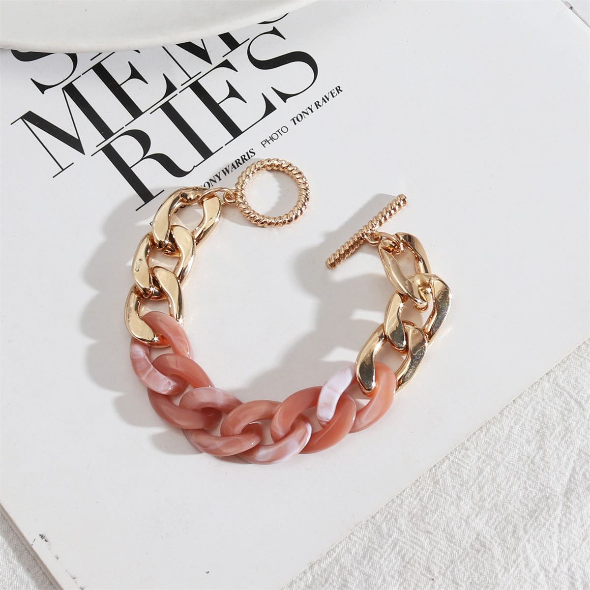Pink Resin and 18K Gold-Plated Curb Chain Toggle Bracelet, gold bracelet for women, everyday style, front view