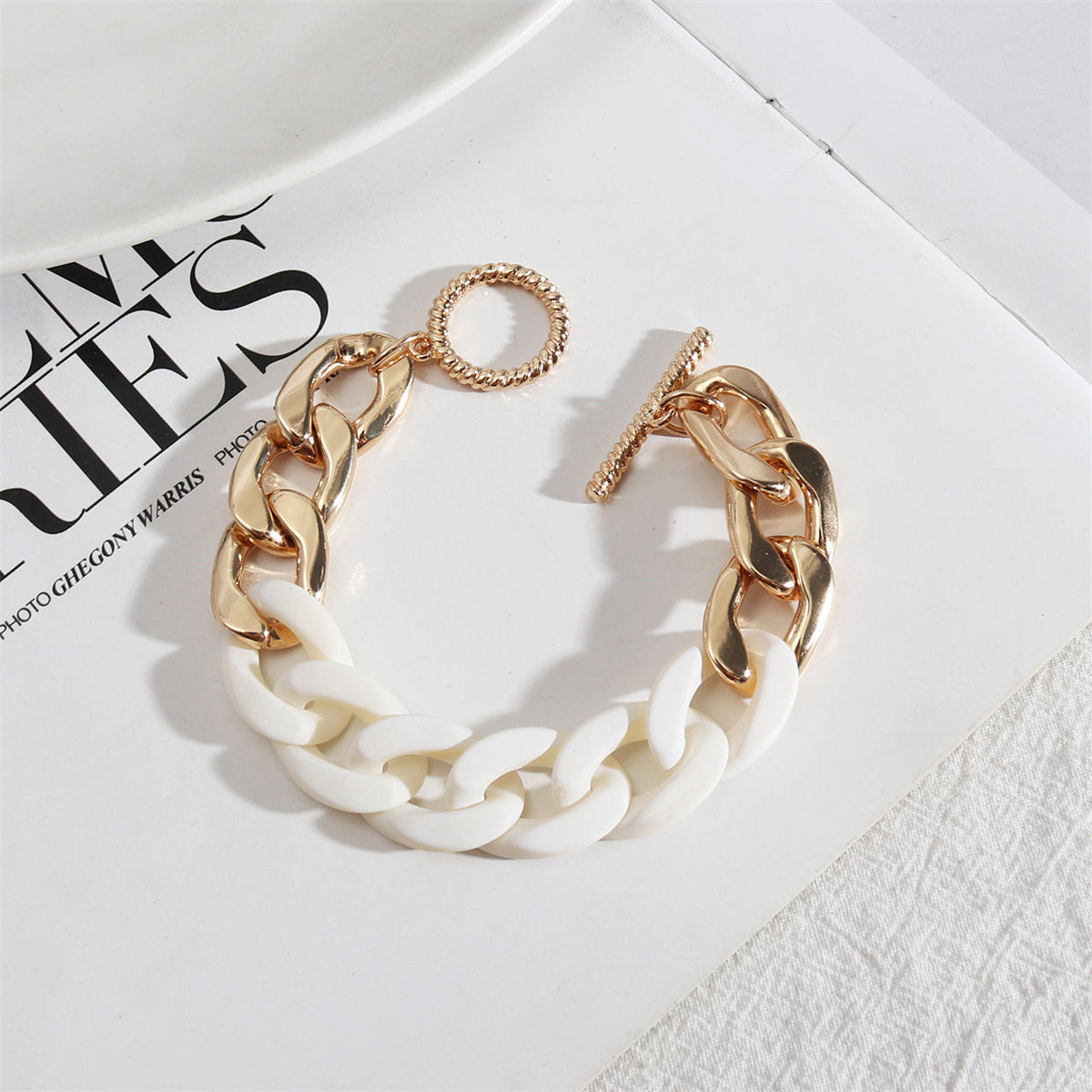White Acrylic and 18K Gold-Plated Curb Chain Toggle Bracelet, gold bracelet for women, everyday style, front view