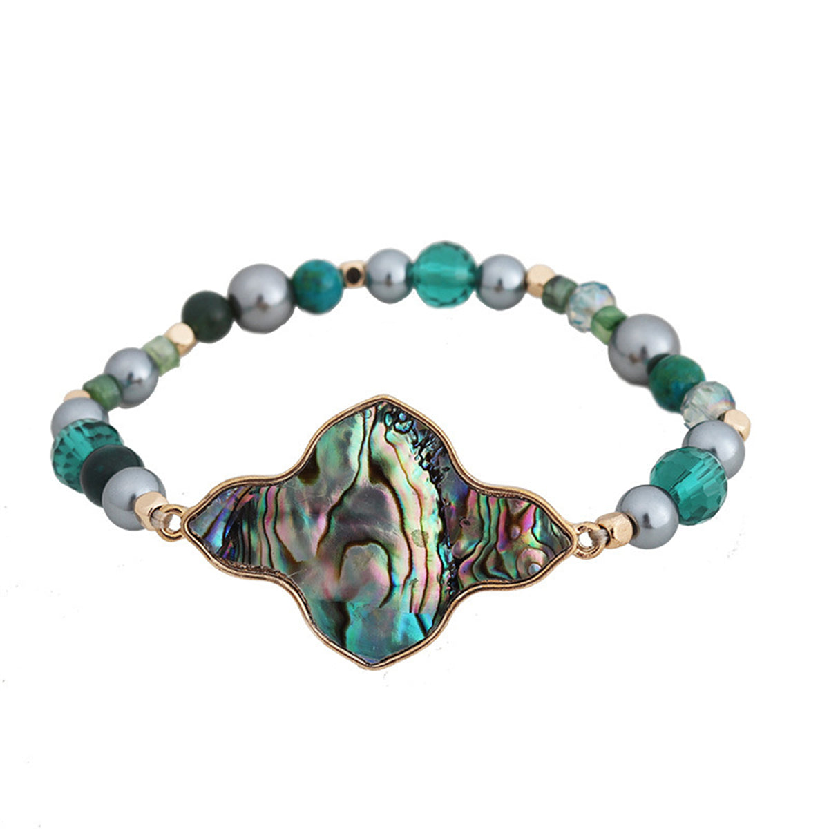 Abalone Shell and Turquoise Clover Stretch Bracelet, bracelet for women, elegant gift for her, front view