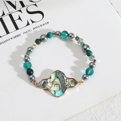 Abalone Shell and Turquoise Clover Stretch Bracelet, bracelet for women, elegant gift for her, detail close-up