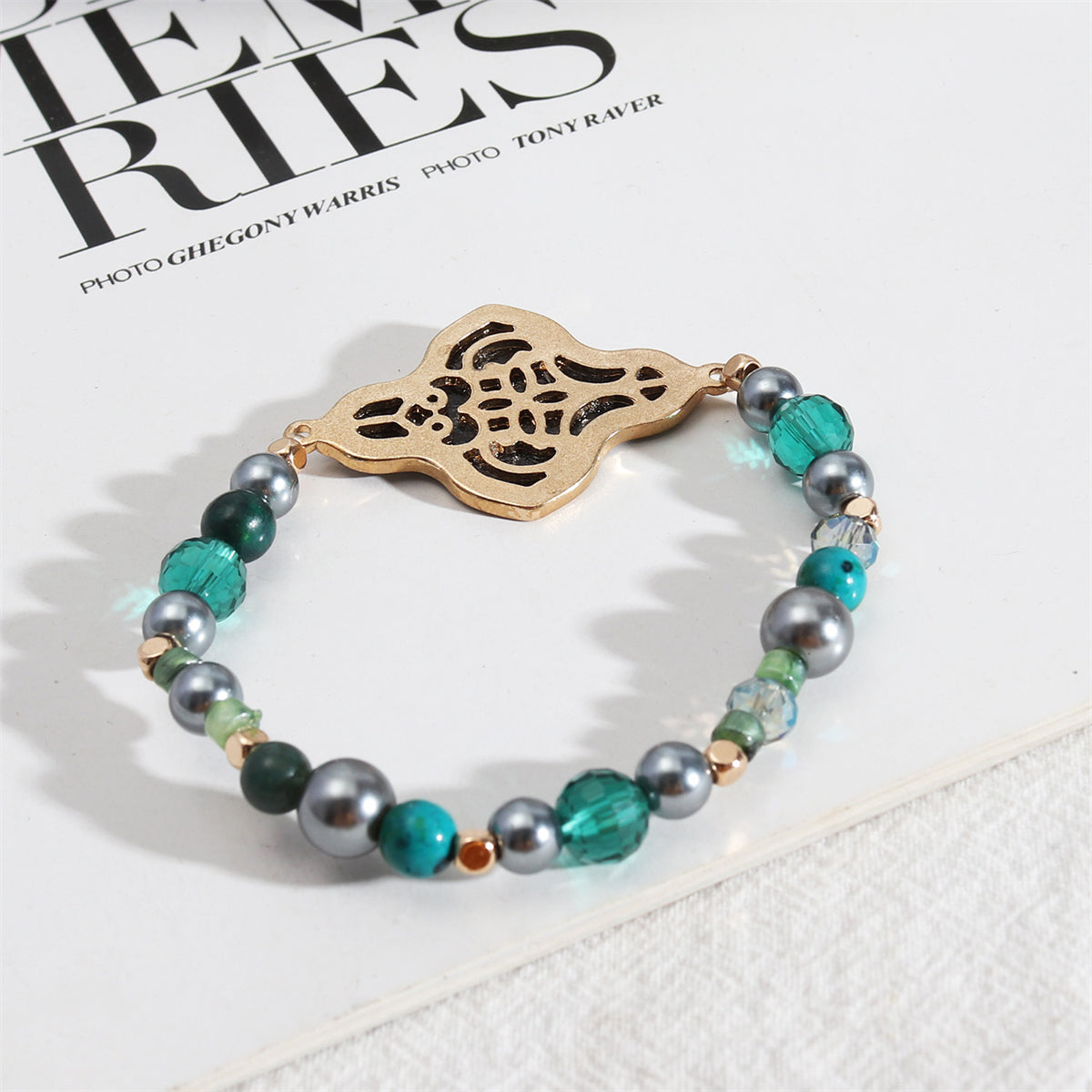 Abalone Shell and Turquoise Clover Stretch Bracelet, bracelet for women, elegant gift for her, side view