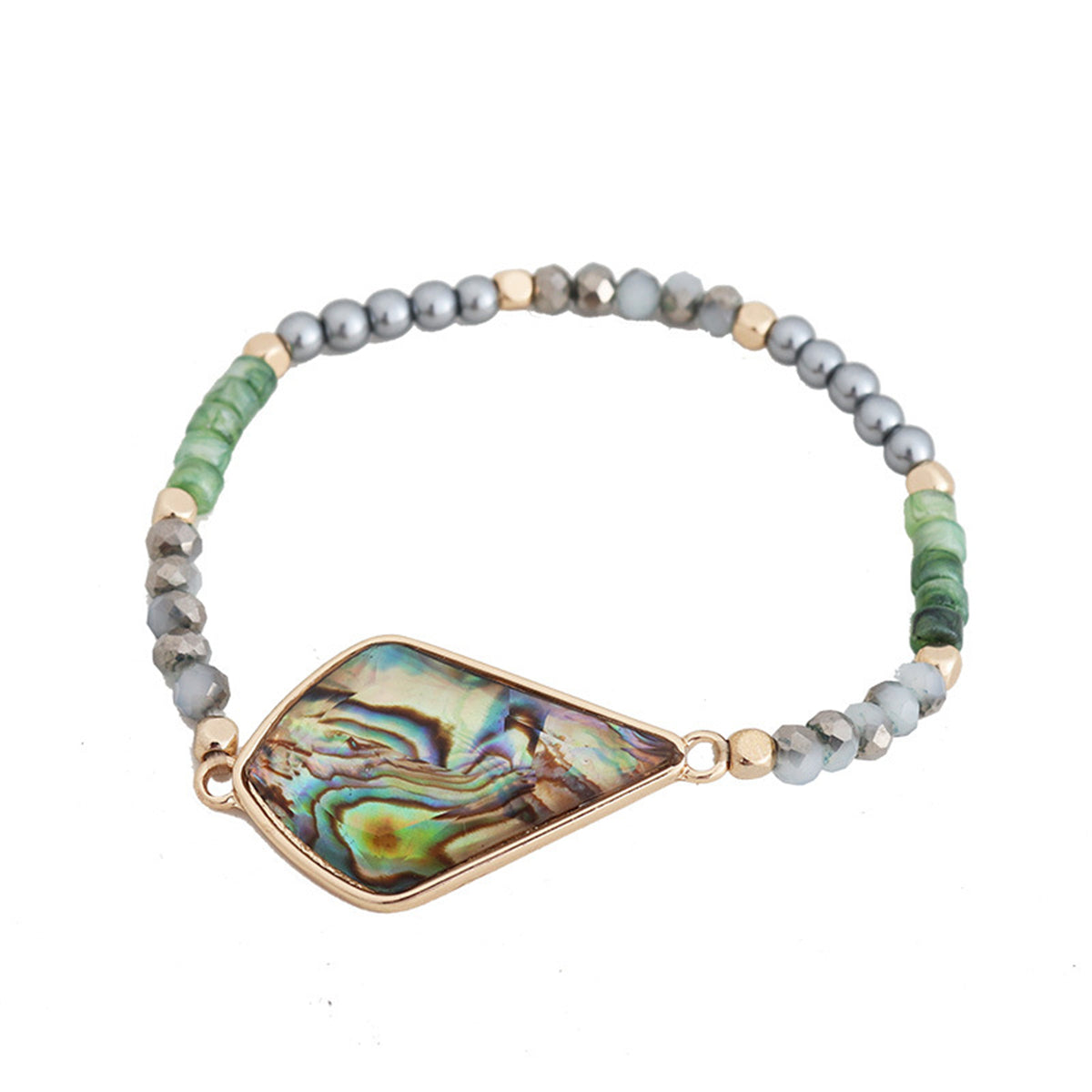 Green Acrylic and Abalone Shell Two Tone Teardrop Stretch Bracelet, bracelet for women, everyday style, front view