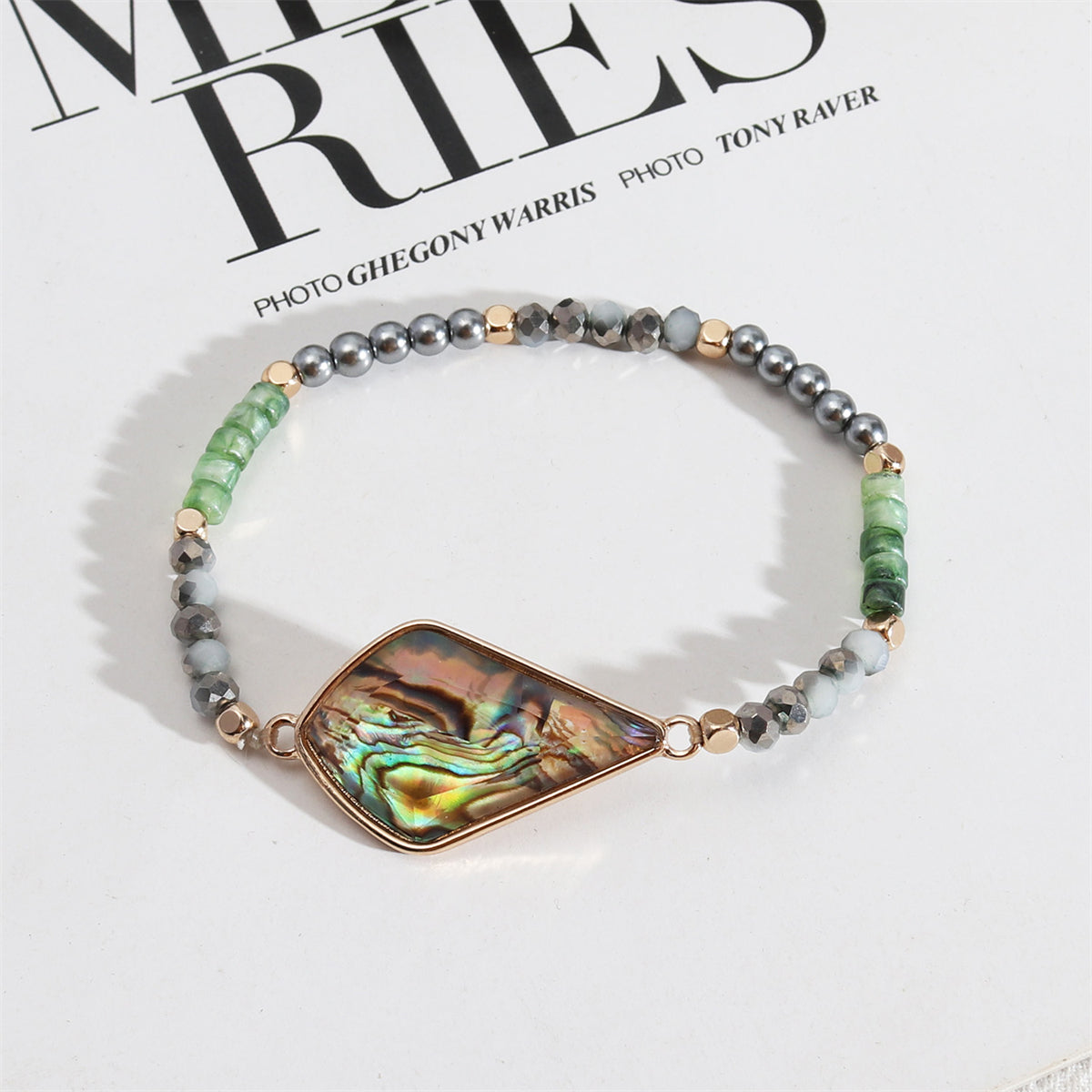 Green Acrylic and Abalone Shell Two Tone Teardrop Stretch Bracelet, bracelet for women, everyday style, side view