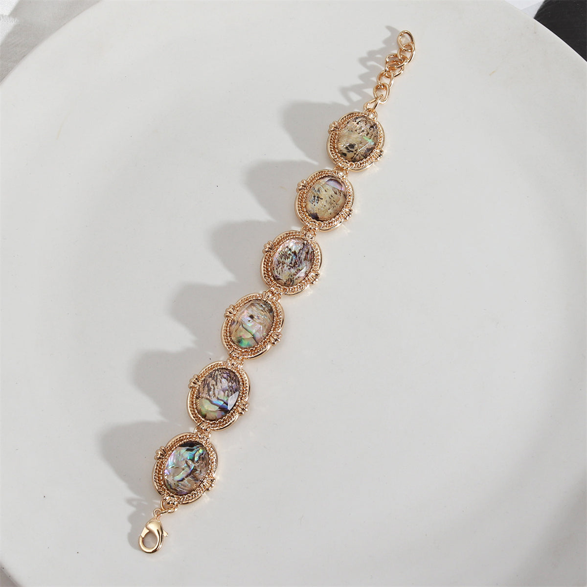 Abalone Shell and 18K Gold-Plated Oval Station Bracelet, gold bracelet for women, elegant gift for her, lifestyle look