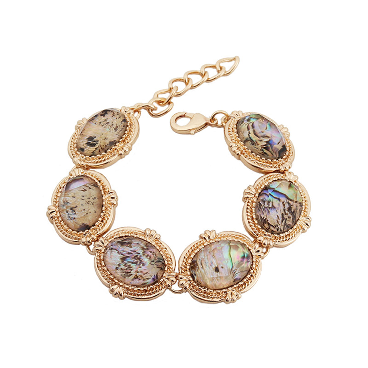 Abalone Shell and 18K Gold-Plated Oval Station Bracelet, gold bracelet for women, elegant gift for her, front view