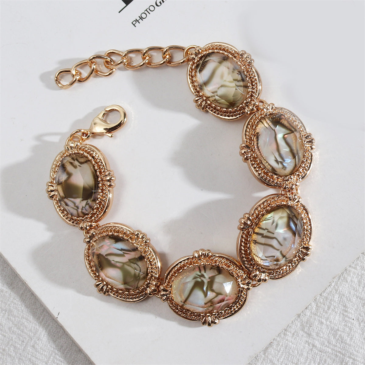 Shell and 18K Gold-Plated Oval Station Bracelet, gold bracelet for women, dainty minimalist design, front view