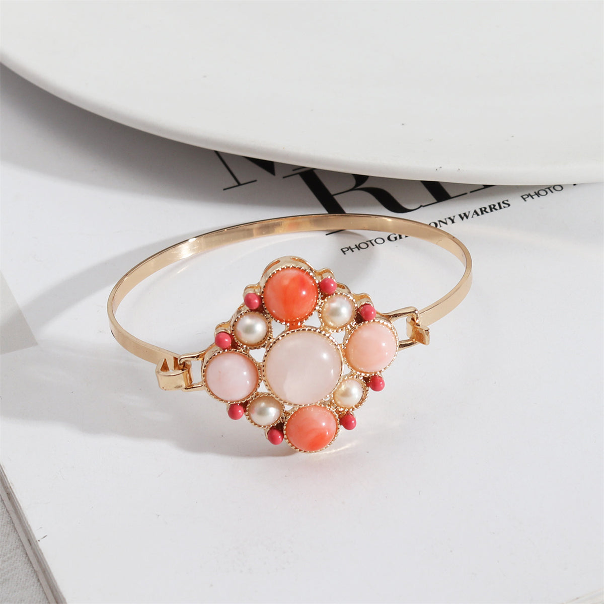 Pink Quartz & Pearl 18K Gold-Plated Floral Bangle