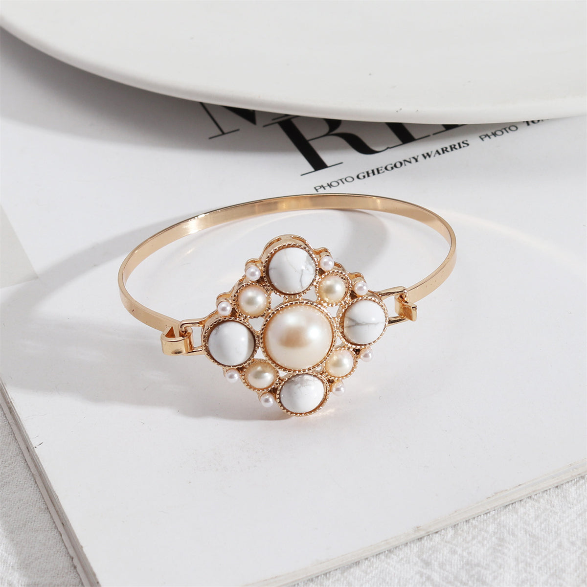 Turquoise & Pearl 18K Gold-Plated Cluster Bangle