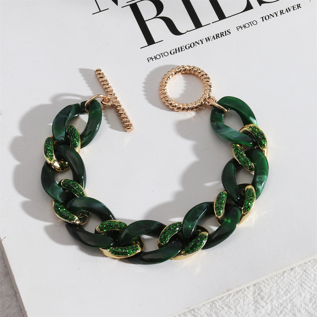Green Resin and Enamel 18K Gold-Plated Curb Chain Toggle Bracelet, gold bracelet for women, everyday style, front view