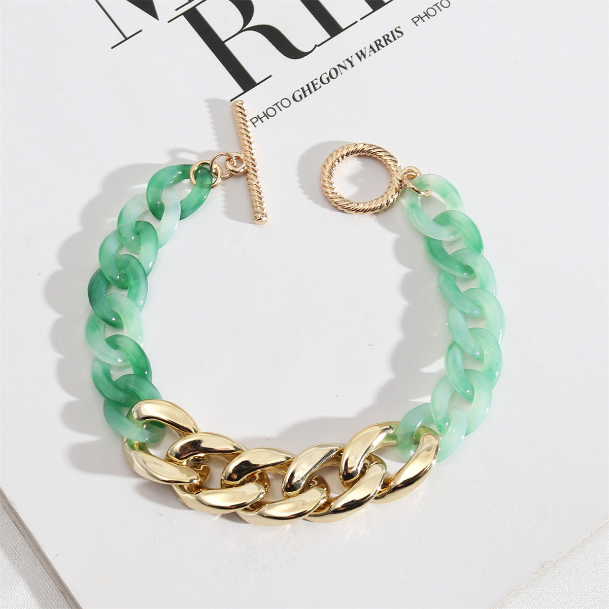 Green Resin and 18K Gold-Plated Chain Link Bracelet, gold bracelet for women, vintage-inspired design, front view