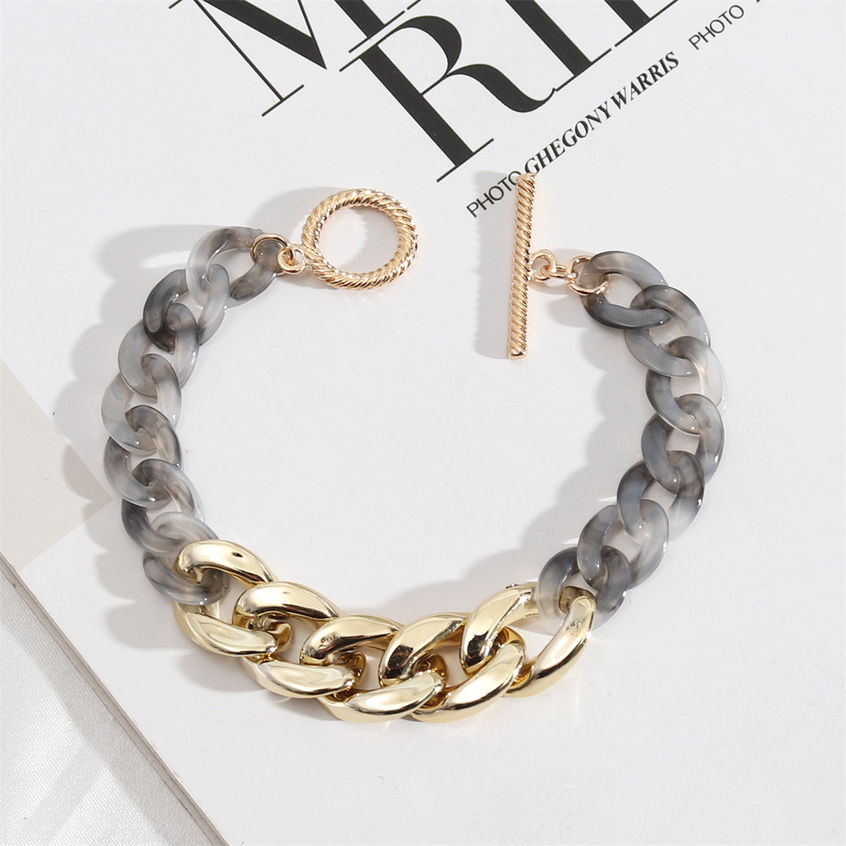 Gray Resin and 18K Gold-Plated Curb Chain Bracelet, gold bracelet for women, everyday style, front view