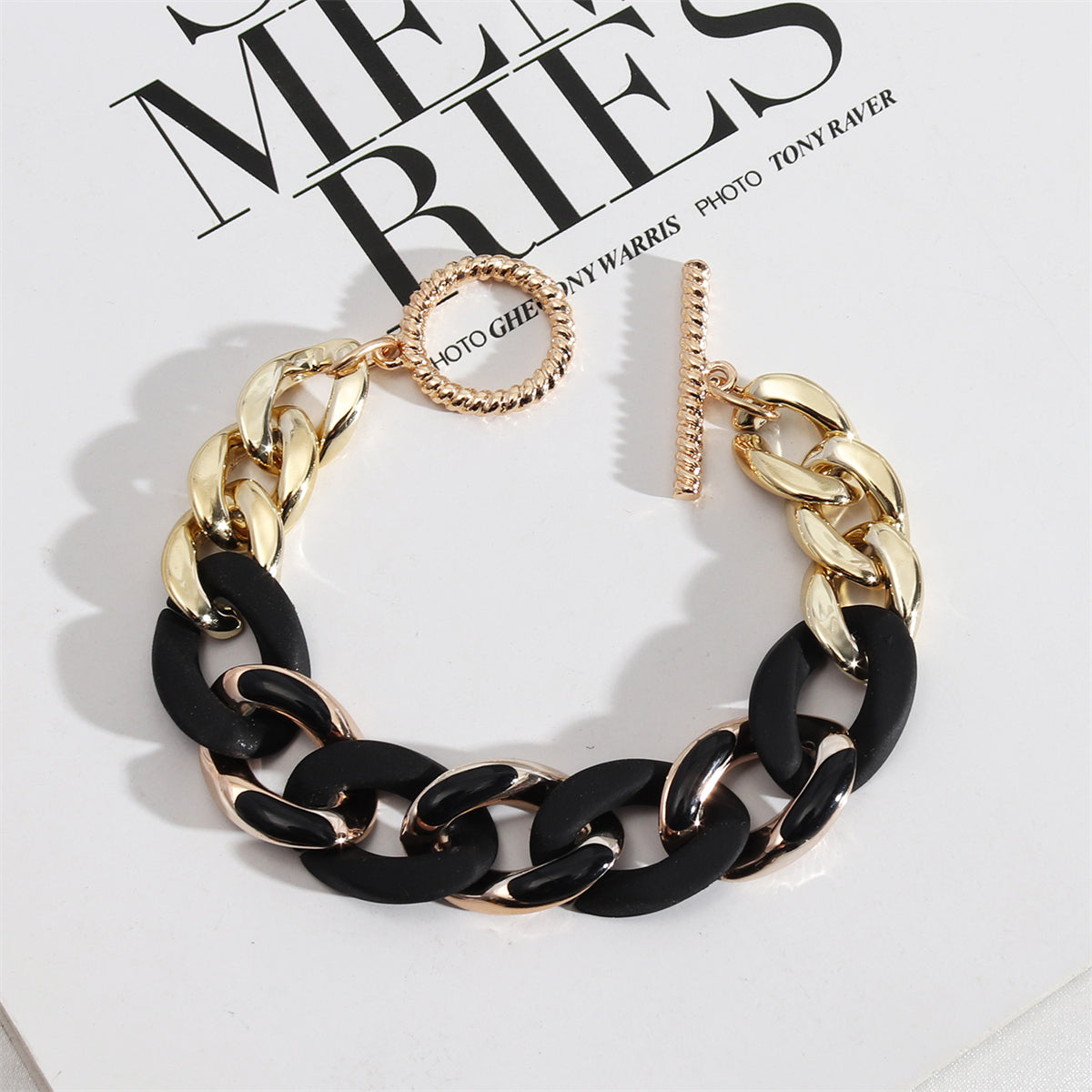Black Acrylic & Enamel 18K Gold-Plated Curb Chain Toggle Bracelet