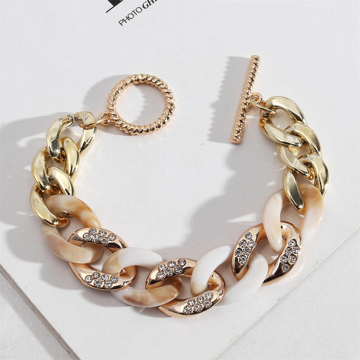 Cubic Zirconia and Cream Resin Tortoise-Print Curb Chain Toggle Bracelet, bracelet for women, front view