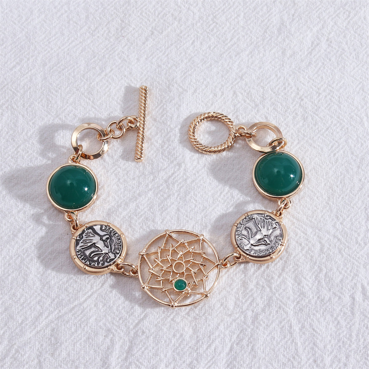 Green Resin and Two-Tone Coin Lotus Toggle Bracelet, bracelet for women, vintage-inspired design, front view