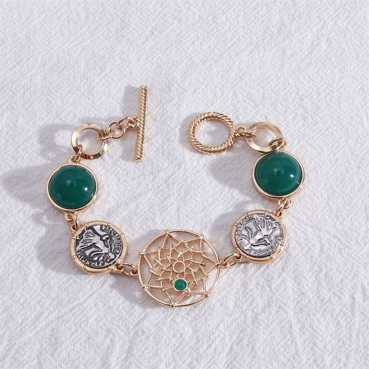 Green Resin and Two-Tone Coin Lotus Toggle Bracelet, bracelet for women, vintage-inspired design, front view