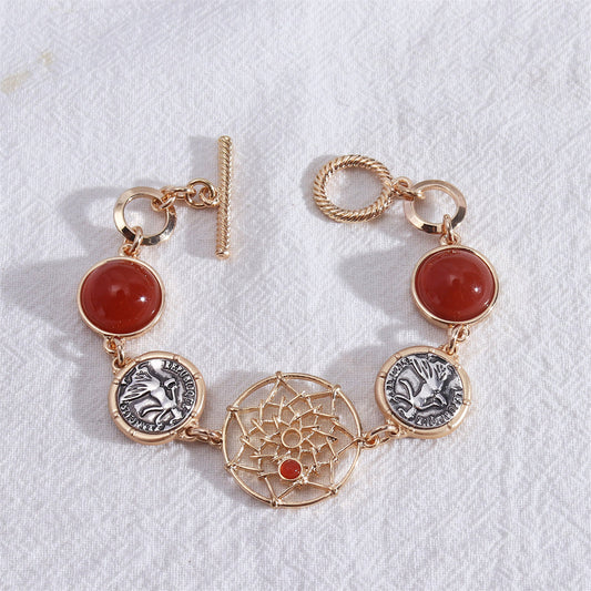 Red Resin and Two-Tone Coin Lotus Station Bracelet, bracelet for women, botanical inspired, front view