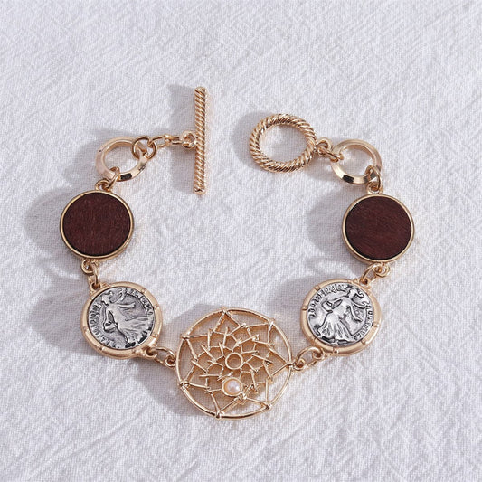 Two-Tone Coin Lotus Toggle Bracelet, bracelet for women, dainty minimalist design, front view