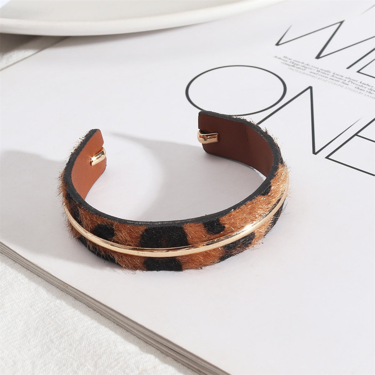 Brown Polystyrene and 18K Gold-Plated Leopard Cuff, gold bracelet for women, everyday style, front view