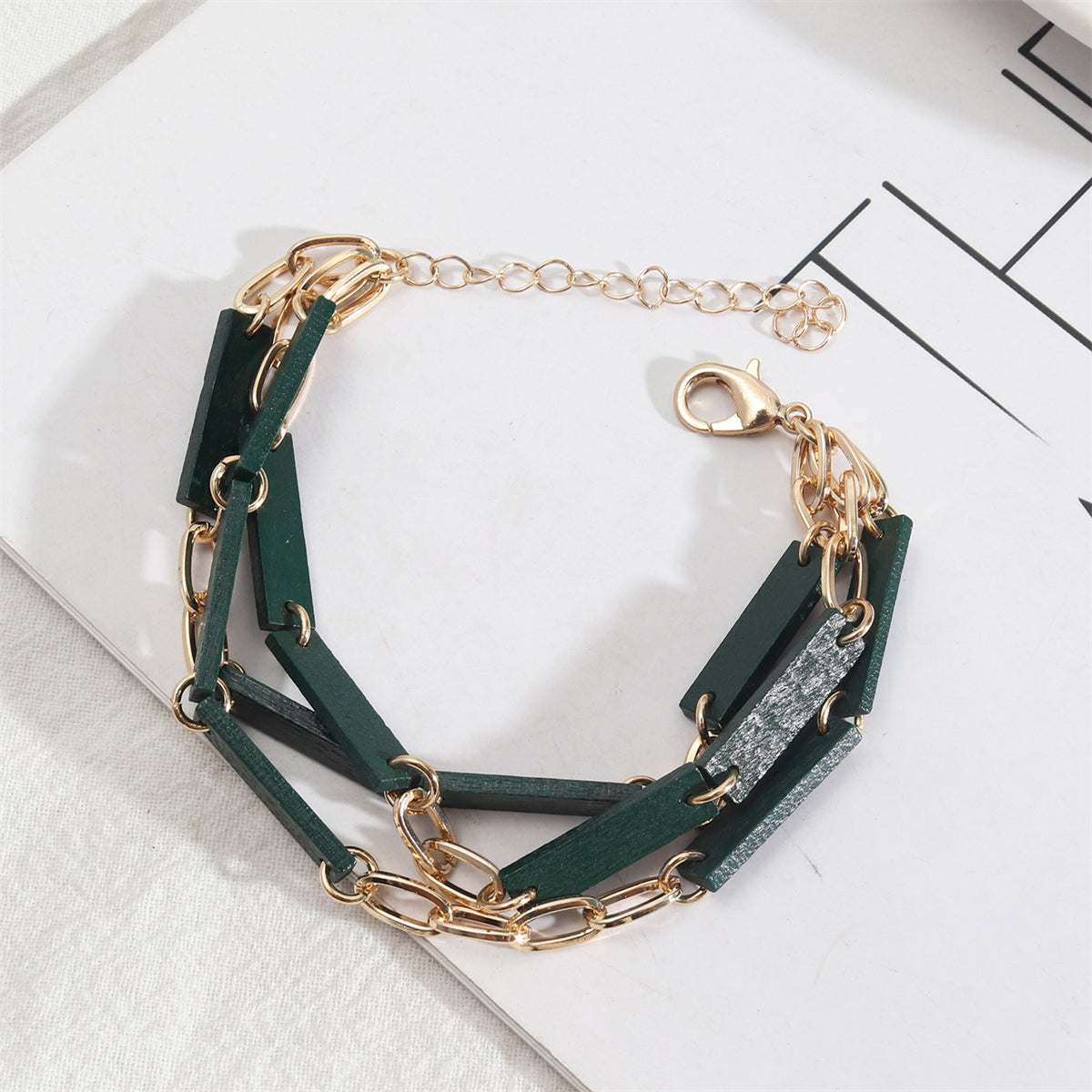 Green Wood & 18K Gold-Plated Layered Bracelet