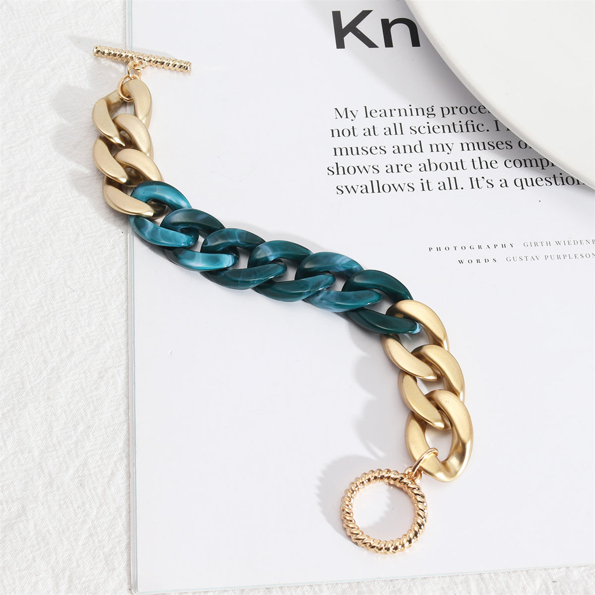 Cyan Resin and 18K Gold-Plated Curb Chain Toggle Bracelet, gold bracelet for women, elegant gift for her, front view