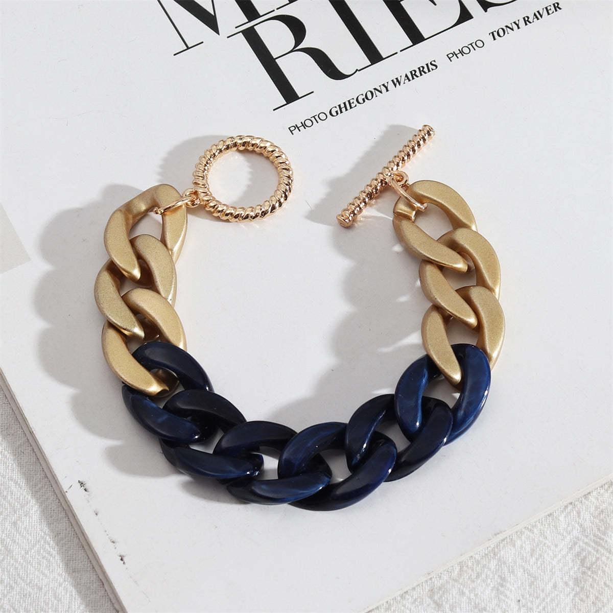 Dark Blue Resin and 18K Gold-Plated Curb Chain Toggle Bracelet, gold bracelet for women, botanical inspired, front view