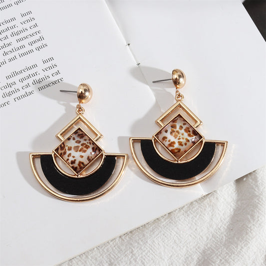 Black Wood and Resin 18K Gold-Plated Leopard Rhombus Fan Drop Earrings, gold drop earrings for women, front view
