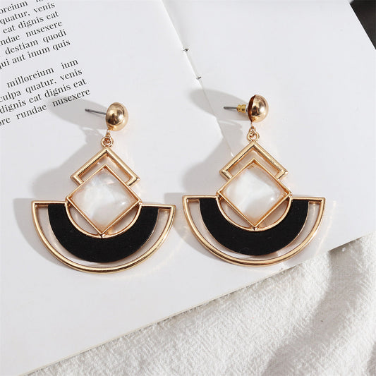 White Shell and Wood 18K Gold-Plated Rhombus Fan Drop Earrings, gold drop earrings for women, botanical inspired, front view