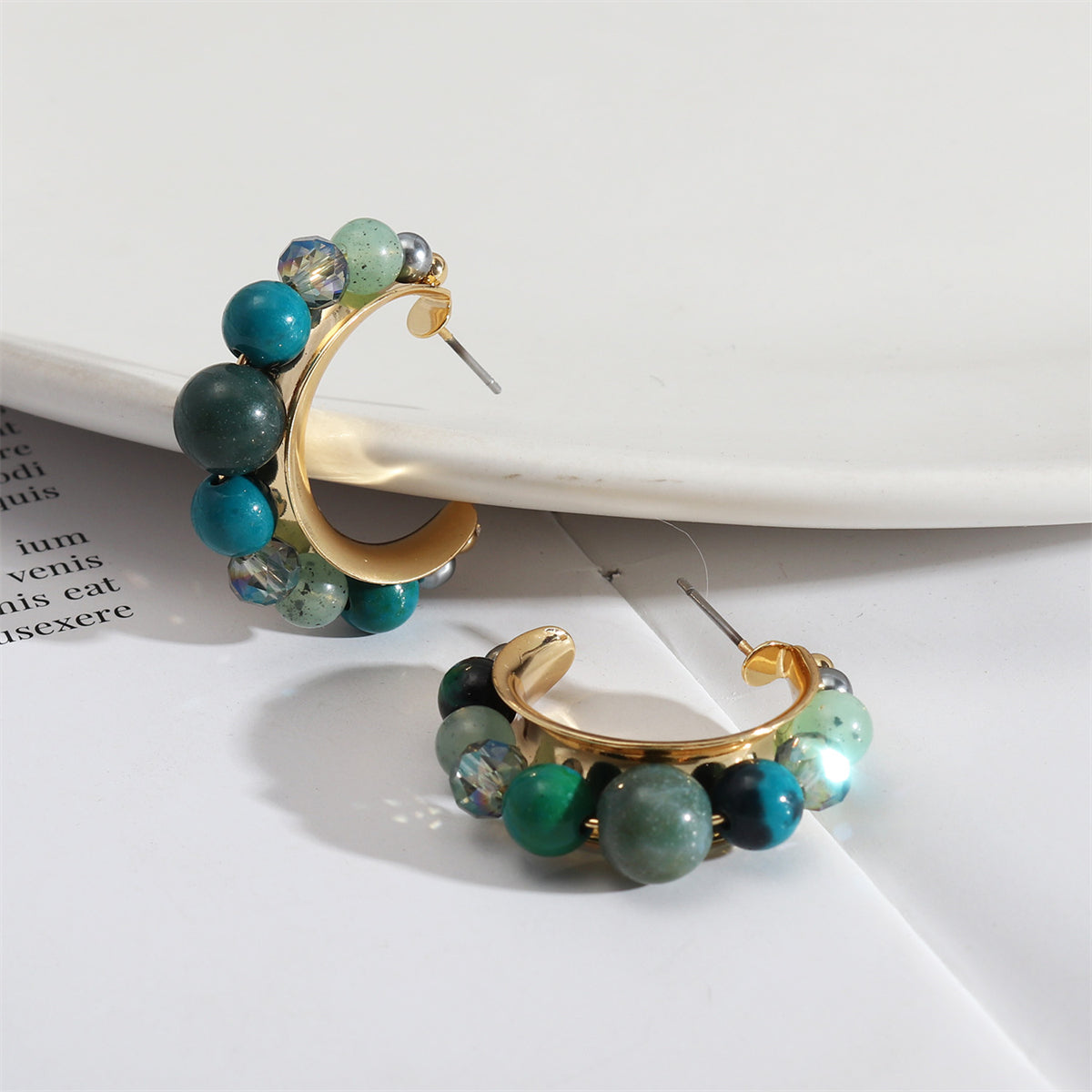 Quartz and 18K Gold-Plated Beaded Hoop Earrings, elegant gift for her, front view