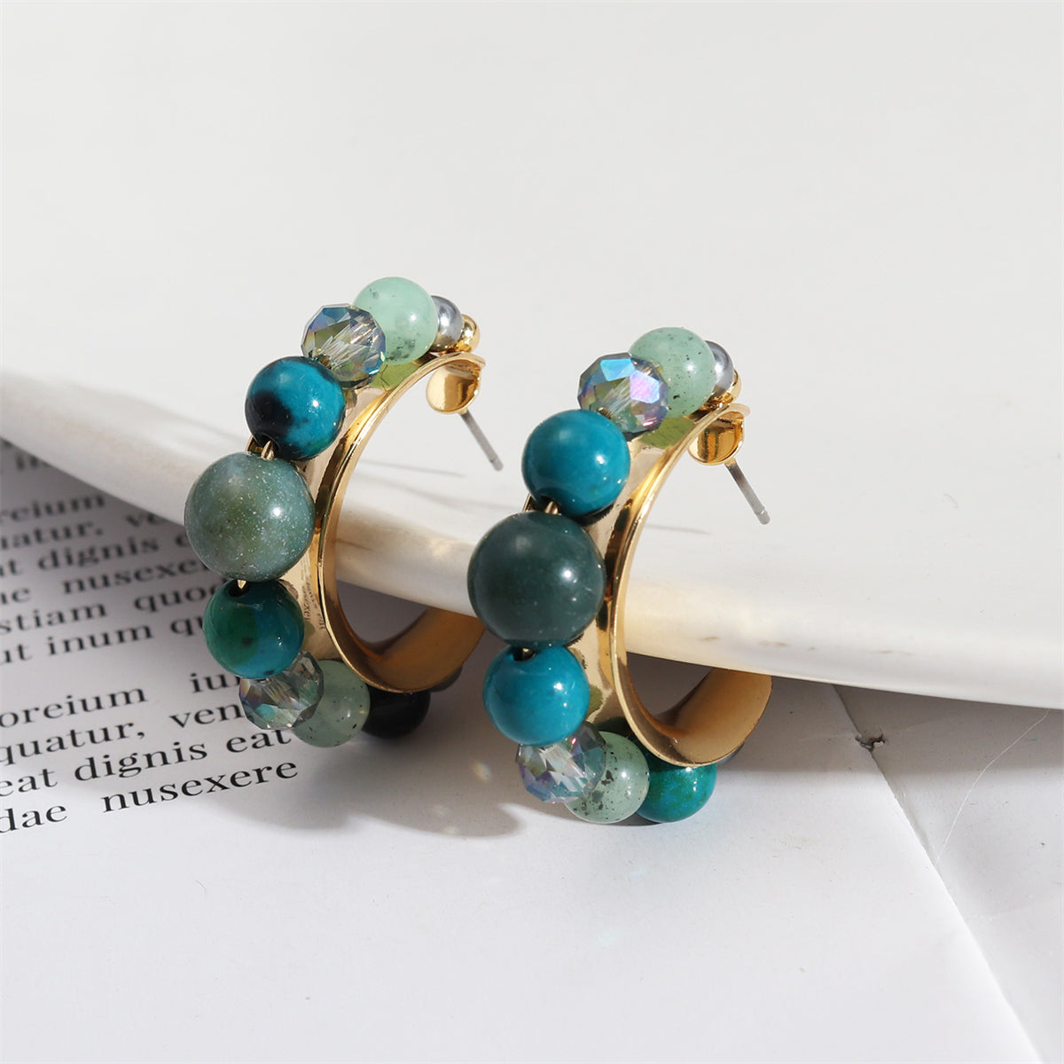 Quartz and 18K Gold-Plated Beaded Hoop Earrings, elegant gift for her, detail close-up