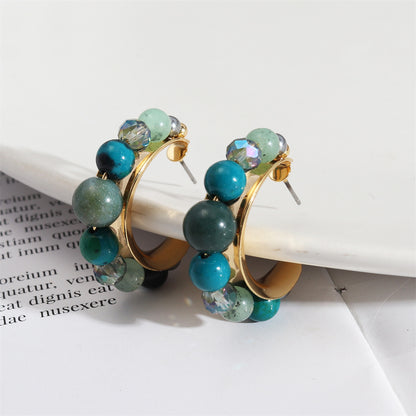 Quartz and 18K Gold-Plated Beaded Hoop Earrings, elegant gift for her, detail close-up