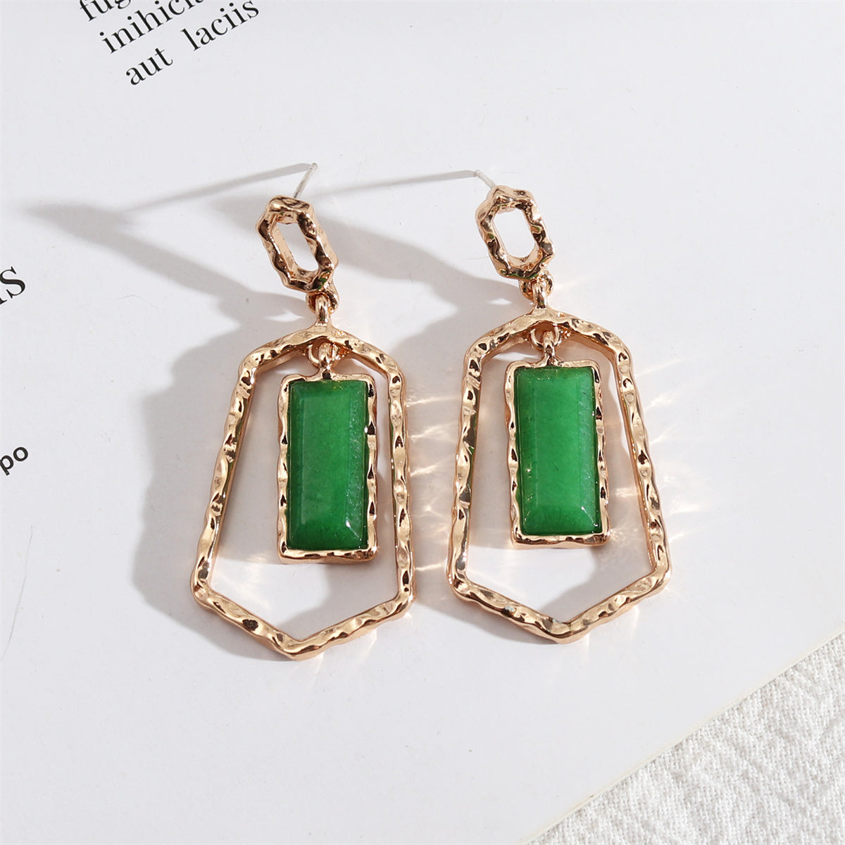 Green Quartz and 18K Gold-Plated Open Shield Drop Earrings, gold drop earrings for women, vintage-inspired design, front view