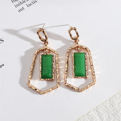 Green Quartz and 18K Gold-Plated Open Shield Drop Earrings, gold drop earrings for women, vintage-inspired design, front view