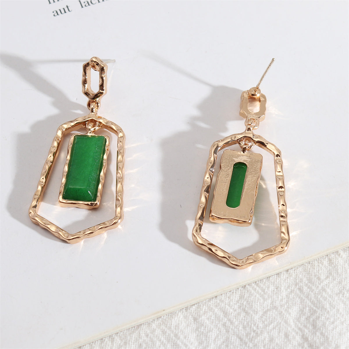 Green Quartz and 18K Gold-Plated Open Shield Drop Earrings, gold drop earrings for women, detail close-up