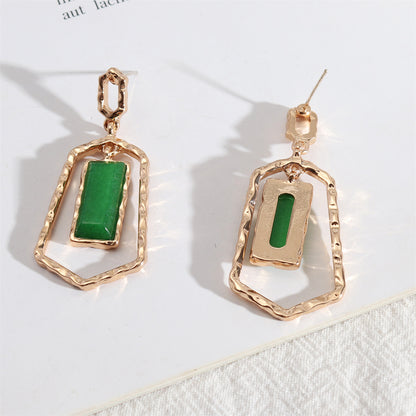 Green Quartz and 18K Gold-Plated Open Shield Drop Earrings, gold drop earrings for women, detail close-up