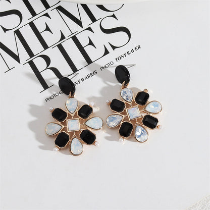 Black Acrylic and Crystal Pearl 18K Gold-Plated Botanical Drop Earrings, gold drop earrings for women, front view
