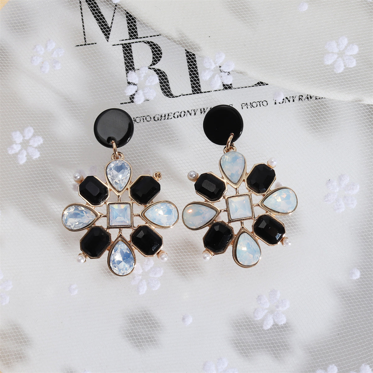 Black Acrylic and Crystal Pearl 18K Gold-Plated Botanical Drop Earrings, gold drop earrings for women, side view
